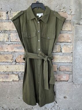 Tulip Creations Olive Green Utility Shirt Dress XL Cotton Belted